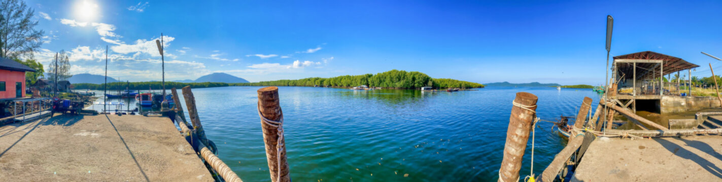 The Moken Eco Village Pier, gateway to Surin Island National park, Thailand. Panoramic view