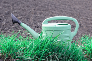 Green plastic watering can close up standing on grass with farm/garden land behind. Farming, gardening concept