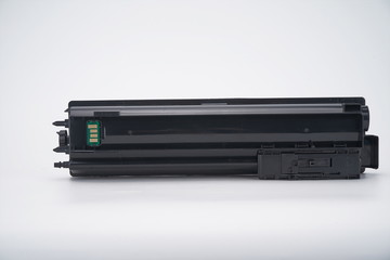 Laser printer toner cartridges of various sizes in isolation against a white background