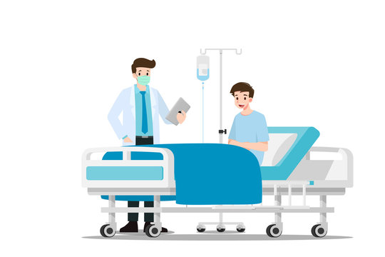 The Doctors Visit And Treating The Patient Who Resting On The Bed In The Hospital Room. Medical Health Care Concept. Hospital Ward Set Scene. Vector Flat Illustration Design