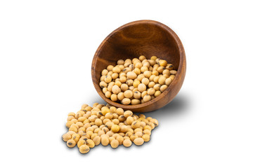 Soy beans or Soybeans in wooden bowl on white background with clipping path.