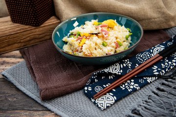 Cantonese fried basmati rice with ham and eggs