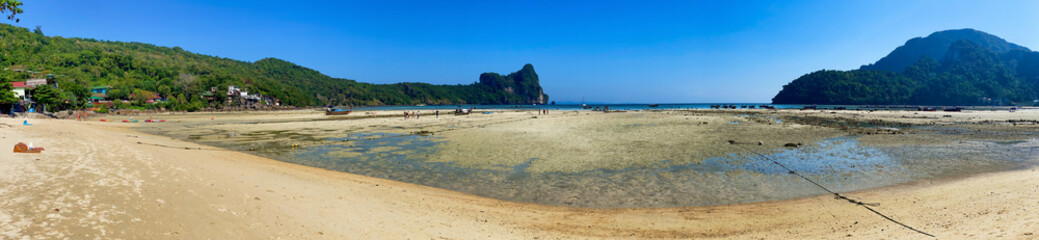Loh Dalum Beach in Phi Phi Don on a sunny afternoon. Panoramic view