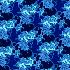 Traditional floral pattern batik drawing with dots and curly lines.