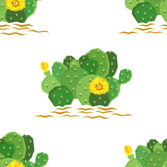 The eastern prickly pear cactus with yellow flowers Seamless pattern