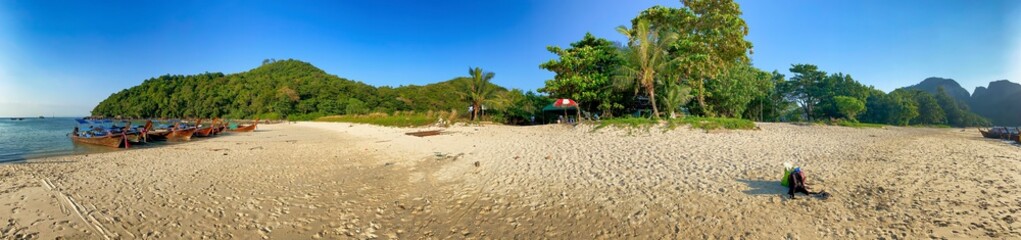 Nui Beach in Koh Phi Phi Don at sunset, Thailand. Panoramic view