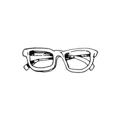 Eyeglasses, spectacles. Black and white glasses hand drawn inking, doodle stock vector illustration isolated on white background.