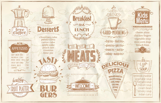 Old newspaper style menu list - breakfast and lunch, fast food and pizza, etc.