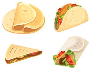 Set of mexican food. Tacos, burrito, tortilla, quesadilla in cartoon style