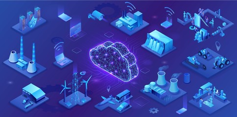 Industrial internet of things  infographic illustration, blue neon concept with factory, electric power station, cloud 3d isometric icon, smart transport system, mining machines, data protection