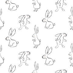 Sketch rabbit seamless pattern vector background. Monochrome bunnies for textile print.