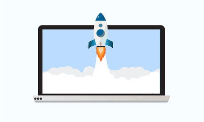 Rocket launching from laptop flat design,Startup business concept vector illustration.