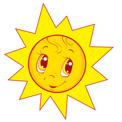 illustration for a cartoon character of a cute yellow sun with big eyes, isolated object on a white background, vector illustration,
