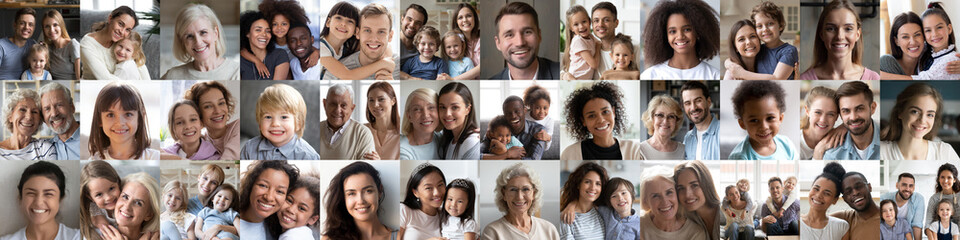 Collage mosaic of many happy multiracial people couples and families, old young generation adults...