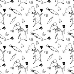 Cute kitchen pattern made of tools and utensils with a penguin. Doodle art outline on a white background. Print for fabrics, stationery, office sites, banners, wrapping paper, posters, cards.