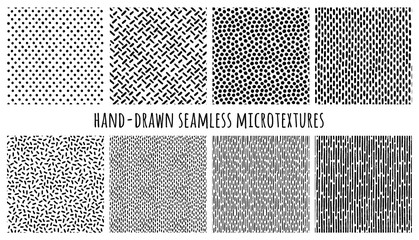 Set of hand-drawn seamless black and white textures with dots, circles, lines and dashed strokes. Vector repeat patterns. - obrazy, fototapety, plakaty