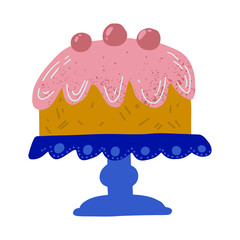 Birthday cake greeting template vector, illustration. Pink and chocolate cake, isolated  on a stand.