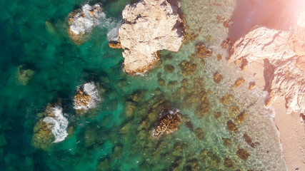 Beautiful rocks on the beach, Elba Island overhead view, Italy