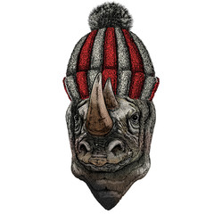 Rhinoceros, rhino portrait. Head of wild animal. Knitted wool winter hat. © helen_f