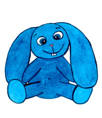 Cartoon bunny illustration. Blue easter rabbit. Print for children. Hand drawn picture. Watercolor texture. Funny and cute toy for baby. Spring and summer theme.