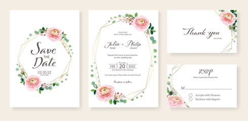 Floral wedding Invitation, save the date, thank you, rsvp card Design template. Ranunculus flower and greenery. Vector.