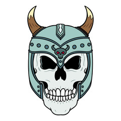 Comic vector illustration of a creepy skull with an old viking helmet on the head with horns. isolated on white background.