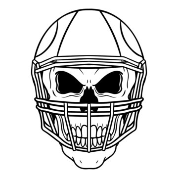 monochrome skull in a football helmet with face protection. evil eye, comic, isolated.