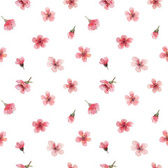 Watercolor seamless pattern with cherry pink flowers and buds