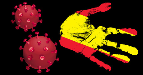 Image of hand with country flag and stylized coronovirus.Illustrated image
