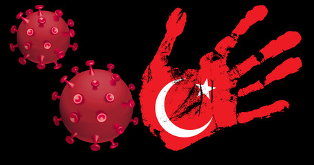 Image of hand with country flag and stylized coronovirus.Illustrated image