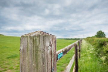 Detailed view of a farm wooden post, seen at the entrance to a large grassy paddock.