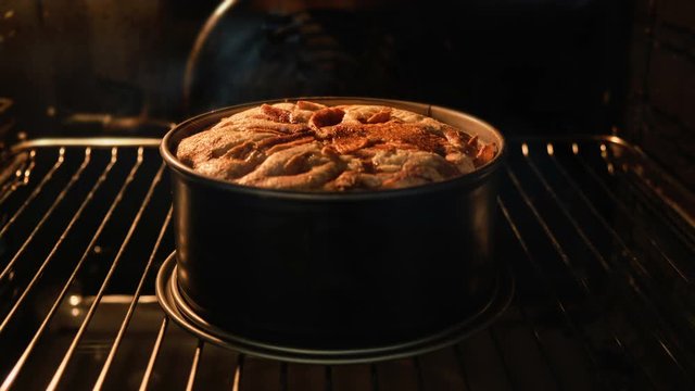Pie in oven. Timelapse of delicious homemade pie baked. Baking concept. Pie rising up in oven. Close-up shot in 4k, UHD