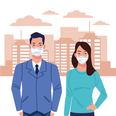 Fototapeta premium couple using face mask for corona virus on the city
