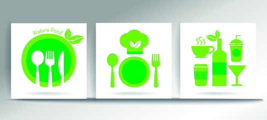 Restaurant Icon, Fork, Spoon and Beverages set, Heathy food, Vector EPS10