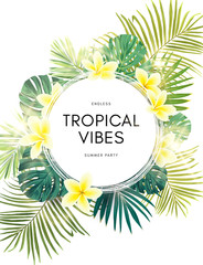 Vector summer design with exotic monstera palm leaves, Frangipani flowers and space for text. Sale offer template, banner of flyer background. Tropical backdrop illustration.