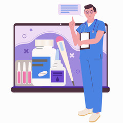 Online medical consultation. Health care. Doctor online and by phone. Mobile app. Conceptual flat illustration isolated on white background.