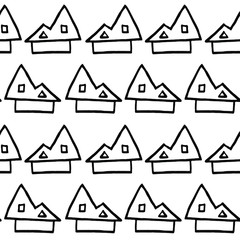 Linear houses in simple minimalistic style. Graphical seamless print with cozy homes. For decoration and design interiors and children&rsquo;s goods. Stock vector illustration. Isolated on white background.