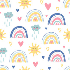 Cute kids nursery. Hand drawn seamless pattern with rainbows, smiling clouds, sun and hearts. Sky background. Baby shower. Doodle design for wallpaper, fabric, wrapping, apparel. Vector illustration