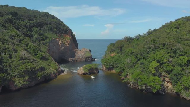 Balata Bay aerial of a yatch anchored at this secluded beach in the bocas del dragon region of Trinidad and Tobago