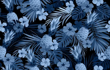 Wall murals Pineapple Seamless hand drawn tropical vector pattern with exotic palm leaves, hibiscus flowers, pineapples and various plants on dark background.
