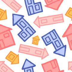 Colorful houses in simple minimalistic style. Print with pink, orange and blue homes of different forms, floors and sizes. For decoration and design interiors and children&rsquo;s goods. Vector illustration