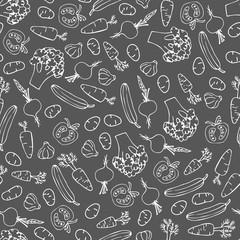Vegetables seamless pattern. Vector Linear graphic. Hand drawn sketch. White on gray. Chalk on blackboard. Vegetables background for card, posters, banners, textile prints, cover, surfaces. Doodle.