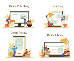 Professional critic online service or platform set. Journalist making