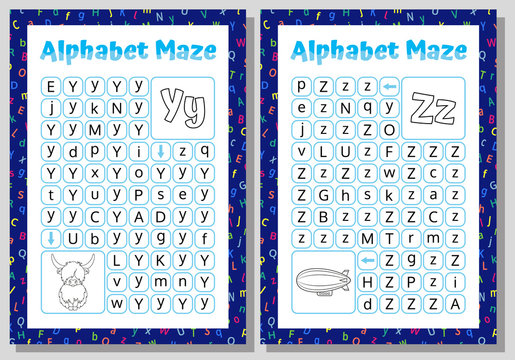 Alphabet Maze Set. Letters Y, Z. Educational Puzzle Worksheet.  Vector illustration.