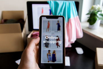 Online shopping. Buying clothes on the Internet. Advertising on YouTube. shopping.