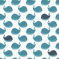 Happy whales, hand drawn seamless pattern. Marine background vector. Colorful illustration, overlapping backdrop. Decorative cute wallpaper, good for printing