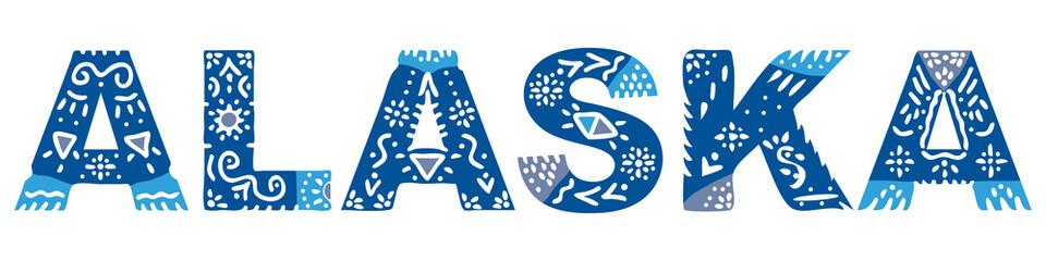 Alaska. Isolated inscription. National ethnic ornament, blue colors. Alaska is a U.S. state. For web, booklet, poster, banner, flyer, cards, prints on clothing, american t-shirts. Stock vector image.