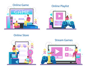 Professional gamer online service or platform set. Person play on