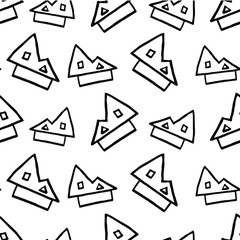 Linear houses in simple minimalistic style. Graphical seamless print with cozy homes. For decoration and design interiors and children&rsquo;s goods. Stock vector illustration. Isolated on white background.