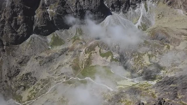 Aerial view of Velicka dolina valley, Dlhe pleso lake and Polsky hreben mountain pass in High Tatras mountains, Slovakia